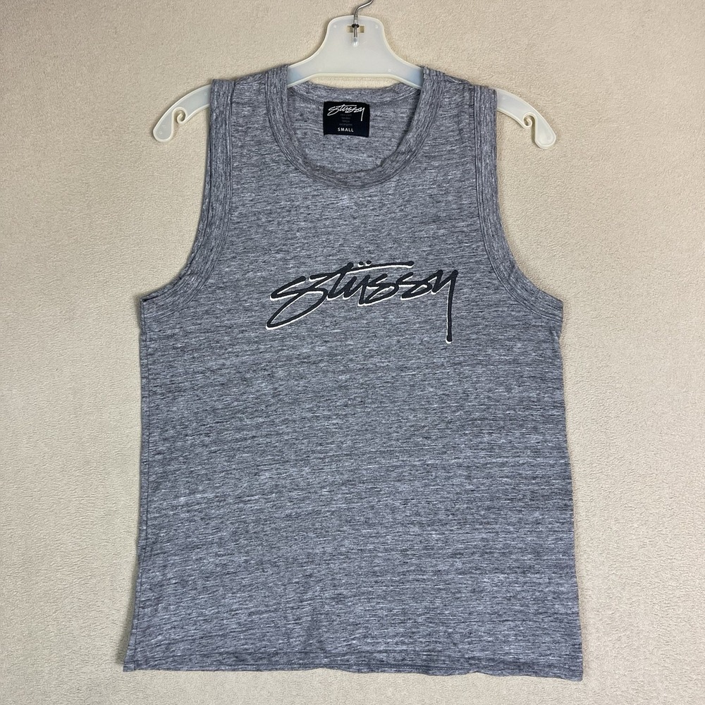 Stussy Tank Top Womens S‎ Gray Round Neck Stretch Sleeveless Logo Graphic Print